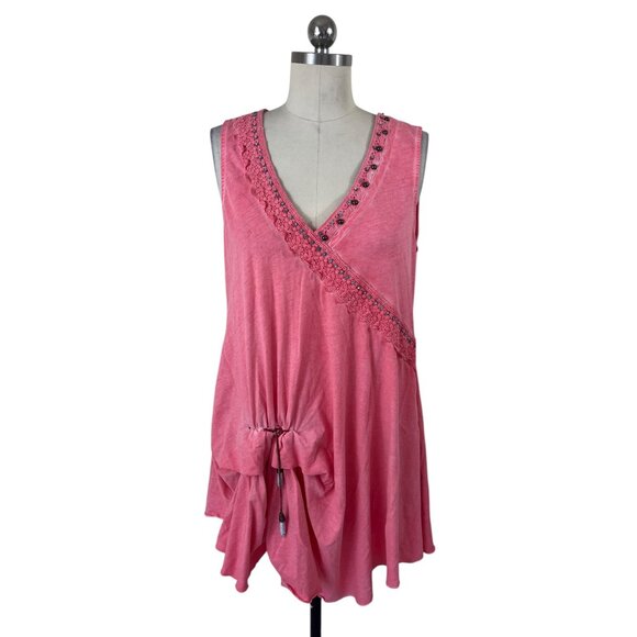 Angels Never Die Tank Dress Womens 4 Coral Sleeveless Beaded Crochet Boho Artsy - Picture 1 of 11